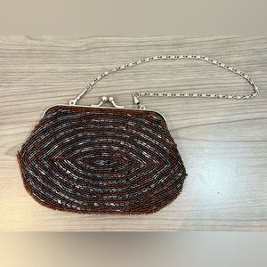 Bijoux Terner Mini Formal Handbag Brown + Blue Beaded Clutch‎ Purse W/ Clasp